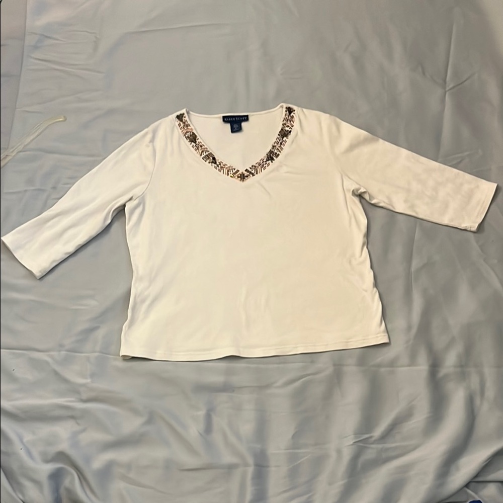 Karen Scott Off-White Cotton T-Shirt V Neck Half Sleeves Size L